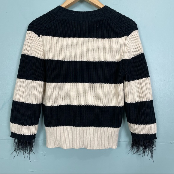J.Crew Collection Feather Trim Crewneck Sweater Knitted Stripped Black Off White - Picture 9 of 9